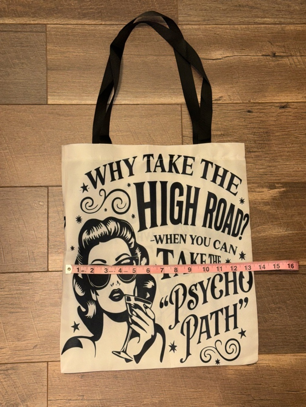 BNWT Retro “Take the Psycho Path” Graphic Tote Bag Funny Pinup Tote Bag - Picture 3 of 5